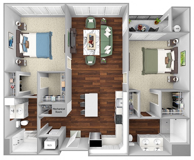 Floor plan for 2 beds, 2 baths, 1096 sqft